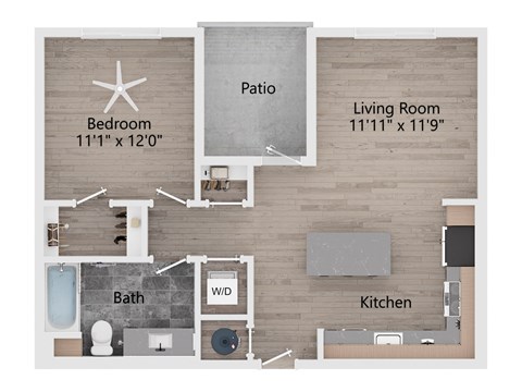 Floor plan for 1 bed, 1 bath, 740 sqft